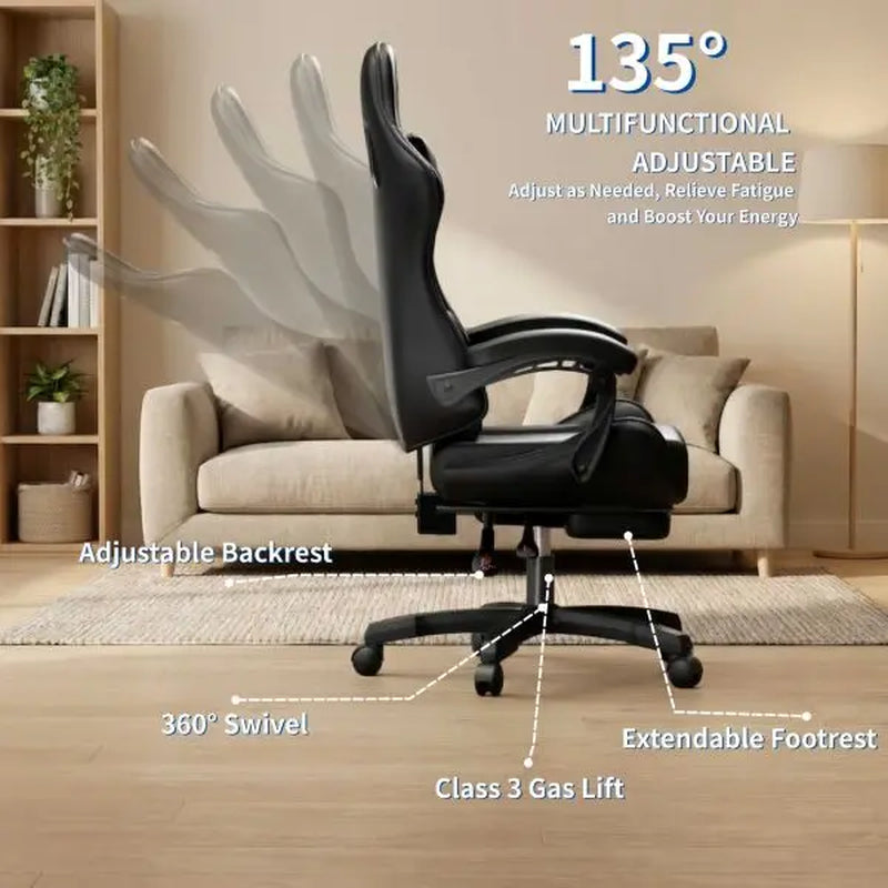 Ecofurnix Ergonomic Gaming Chair with Lumbar Support, Footrest, and Headrest - Adjustable Height and Backrest Angle, PU Leather, 360° Swivel, Executive High Back Office Chair with Massage Function