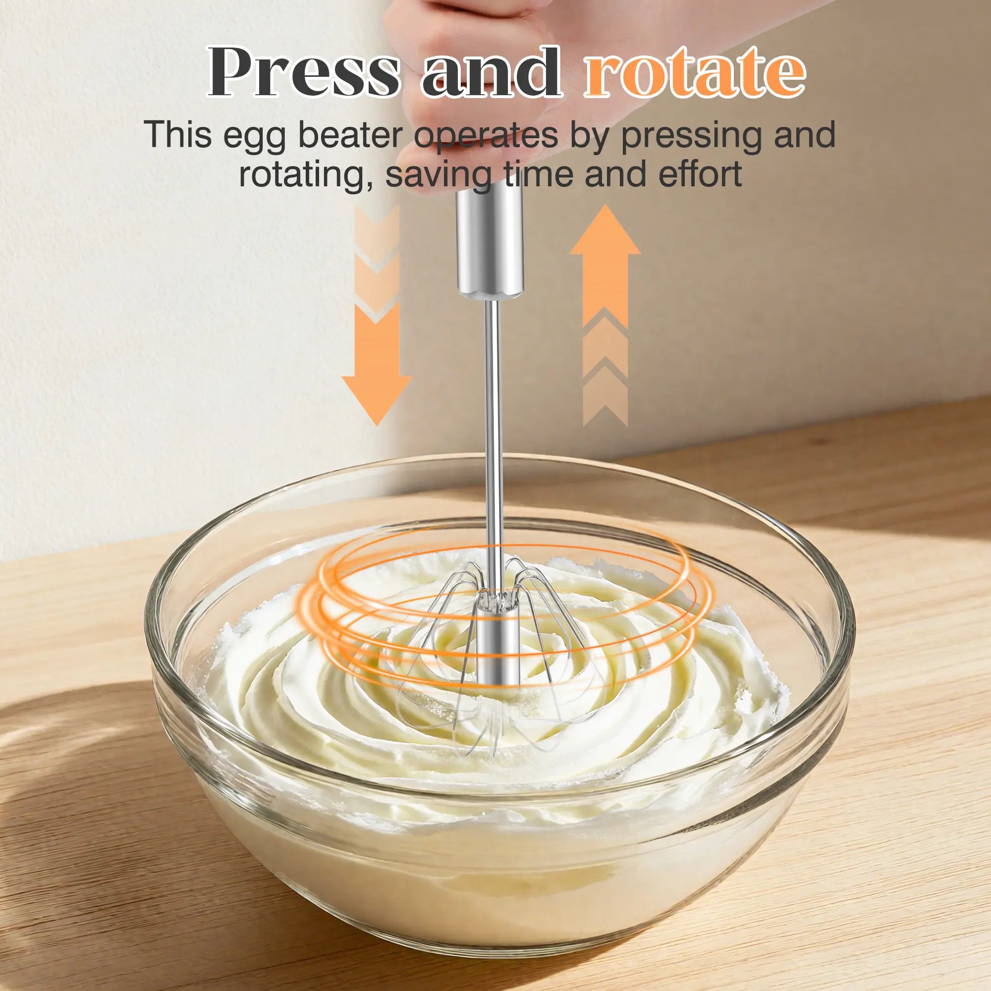 AA Stainless Steel Hand-Push Rotary Whisk - Durable Food-Grade Rust-Resistant Kitchen Tool with Riveted Construction and Semi-Automatic Design for Coffee and Egg Whisking, Easy to Clean