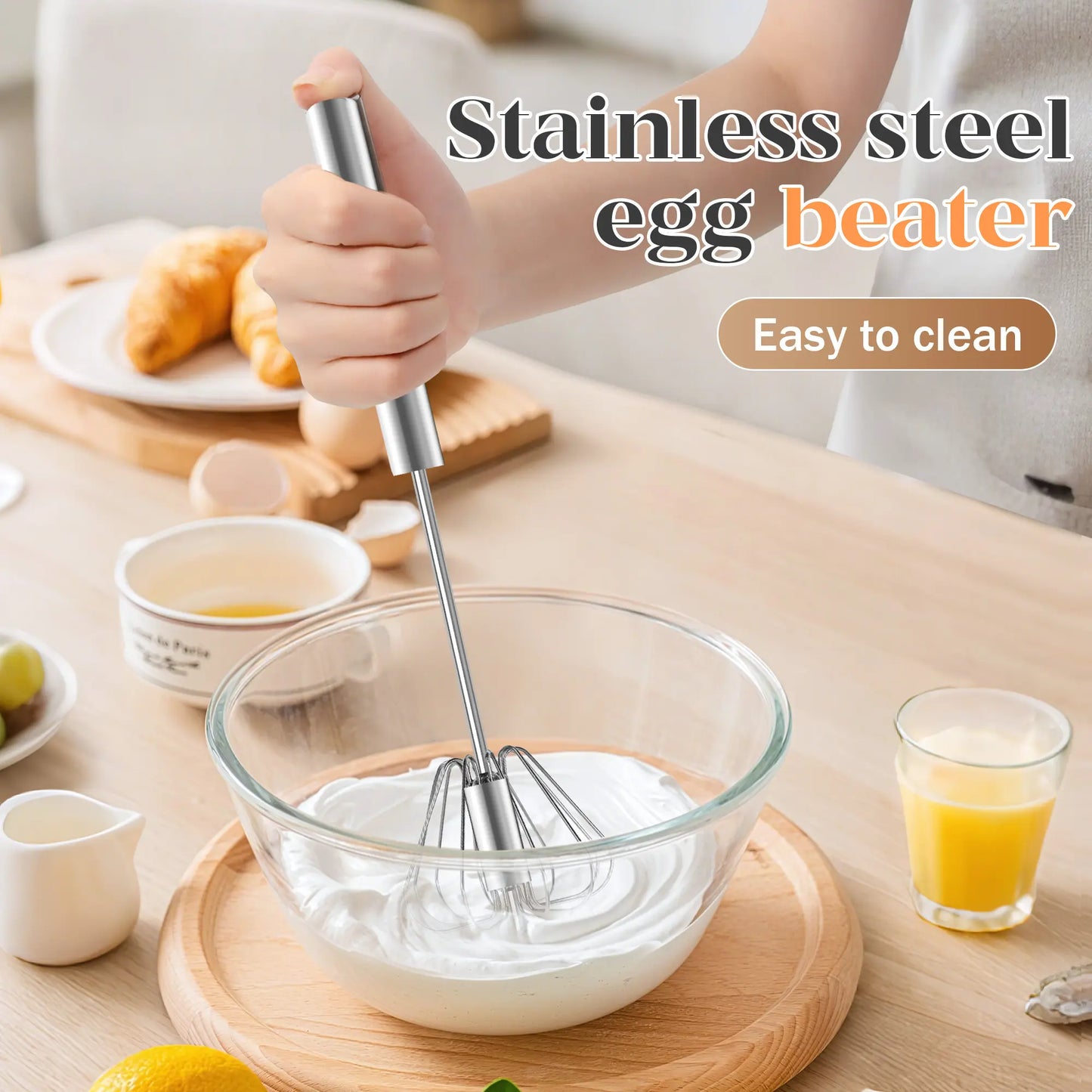 AA Stainless Steel Hand-Push Rotary Whisk - Durable Food-Grade Rust-Resistant Kitchen Tool with Riveted Construction and Semi-Automatic Design for Coffee and Egg Whisking, Easy to Clean