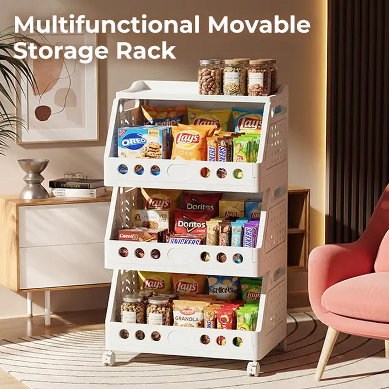 Stackable Rolling Storage Cart with Wheels - Multi-Purpose Foldable Plastic Organizer Rack for Kitchen, Pantry, Bedroom, and Bathroom