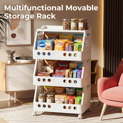 Stackable Rolling Storage Cart with Wheels - Multi-Purpose Foldable Plastic Organizer Rack for Kitchen, Pantry, Bedroom, and Bathroom