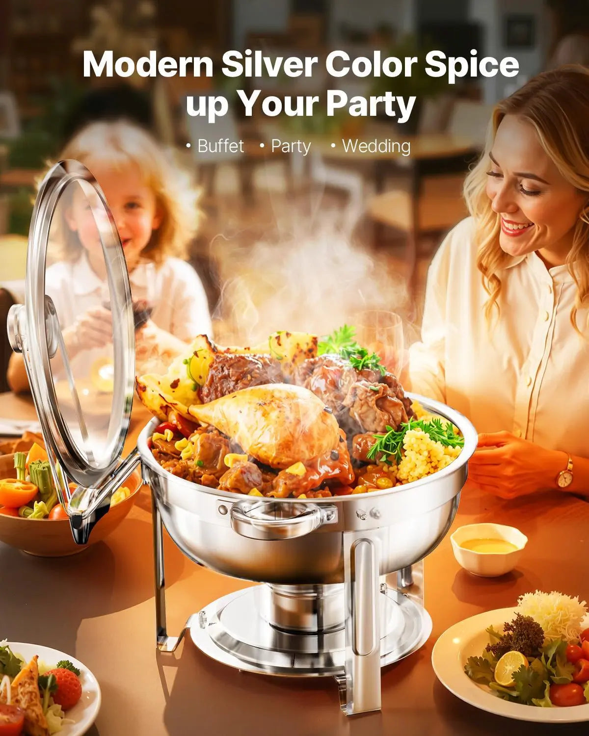 Vevor 5 Qt Chafing Dish Buffet Set - 4 Pack Stainless Steel Catering Warmer with Glass Lids, Full Size Pans, Water Pan, Folding Stand, and Fuel Holders for Weddings and Banquets