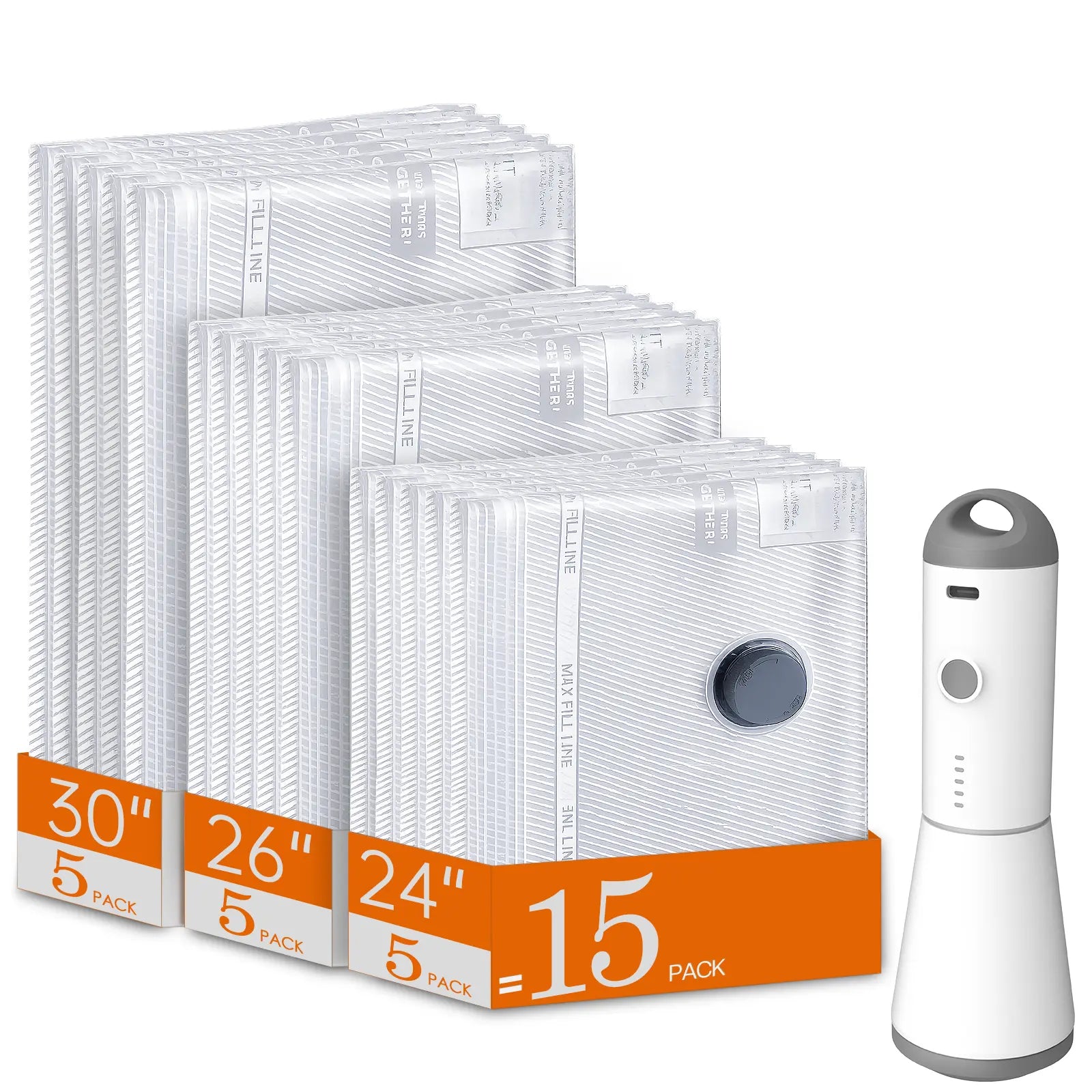 Vacease Cordless Travel Vacuum Bag Set with Rechargeable Air Pump - 15-Pack Space-Saving Airtight Storage Bags for Luggage and Clothing Organization