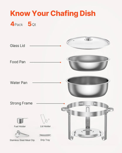 Vevor 5 Qt Chafing Dish Buffet Set - 4 Pack Stainless Steel Catering Warmer with Glass Lids, Full Size Pans, Water Pan, Folding Stand, and Fuel Holders for Weddings and Banquets