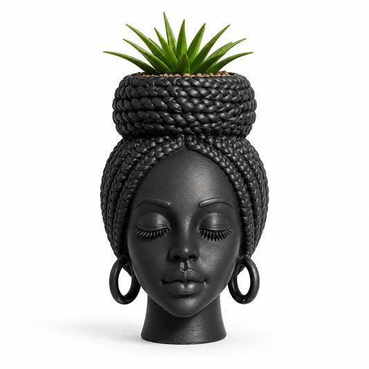 Mini African Braided Woman Head Planter - 3-Inch Matte Black Succulent Pot for Desk and Shelf Decoration