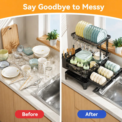 Foldable Over-Sink Dish Drying Rack - 2-Tier Dish Drainer with Utensil Holder for Space-Saving Kitchen Organization