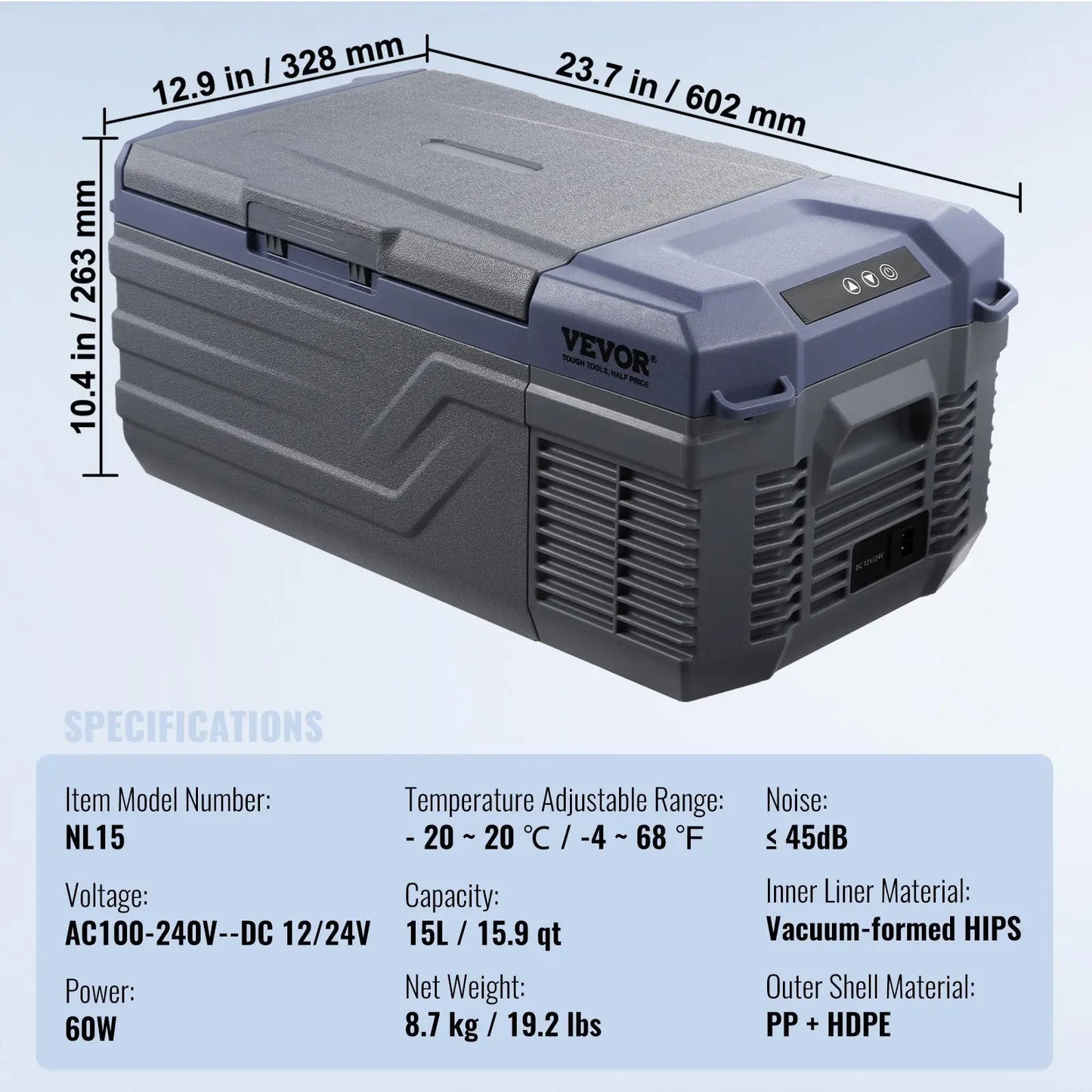VEVOR 12V Portable Car Refrigerator and Freezer, 15L Single Zone Compressor Cooler with Adjustable Temperature Range of -4℉ to 68℉, Compatible with 12/24V DC and 100-240V AC for Outdoor, Camping, and RV Use