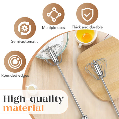 AA Stainless Steel Hand-Push Rotary Whisk - Durable Food-Grade Rust-Resistant Kitchen Tool with Riveted Construction and Semi-Automatic Design for Coffee and Egg Whisking, Easy to Clean