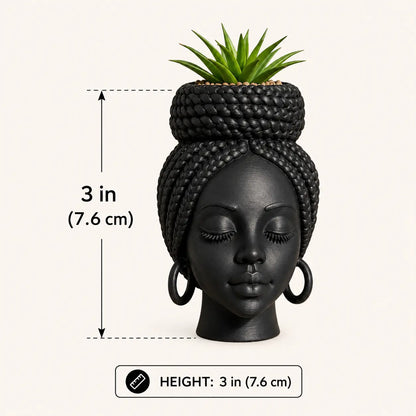 Mini African Braided Woman Head Planter - 3-Inch Matte Black Succulent Pot for Desk and Shelf Decoration