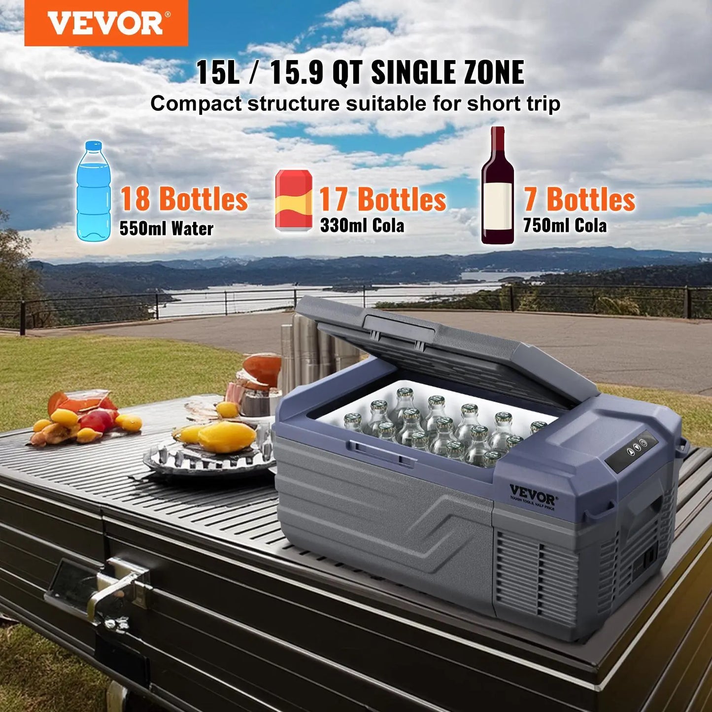 VEVOR 12V Portable Car Refrigerator and Freezer, 15L Single Zone Compressor Cooler with Adjustable Temperature Range of -4℉ to 68℉, Compatible with 12/24V DC and 100-240V AC for Outdoor, Camping, and RV Use