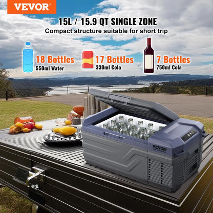 VEVOR 12V Portable Car Refrigerator and Freezer, 15L Single Zone Compressor Cooler with Adjustable Temperature Range of -4℉ to 68℉, Compatible with 12/24V DC and 100-240V AC for Outdoor, Camping, and RV Use