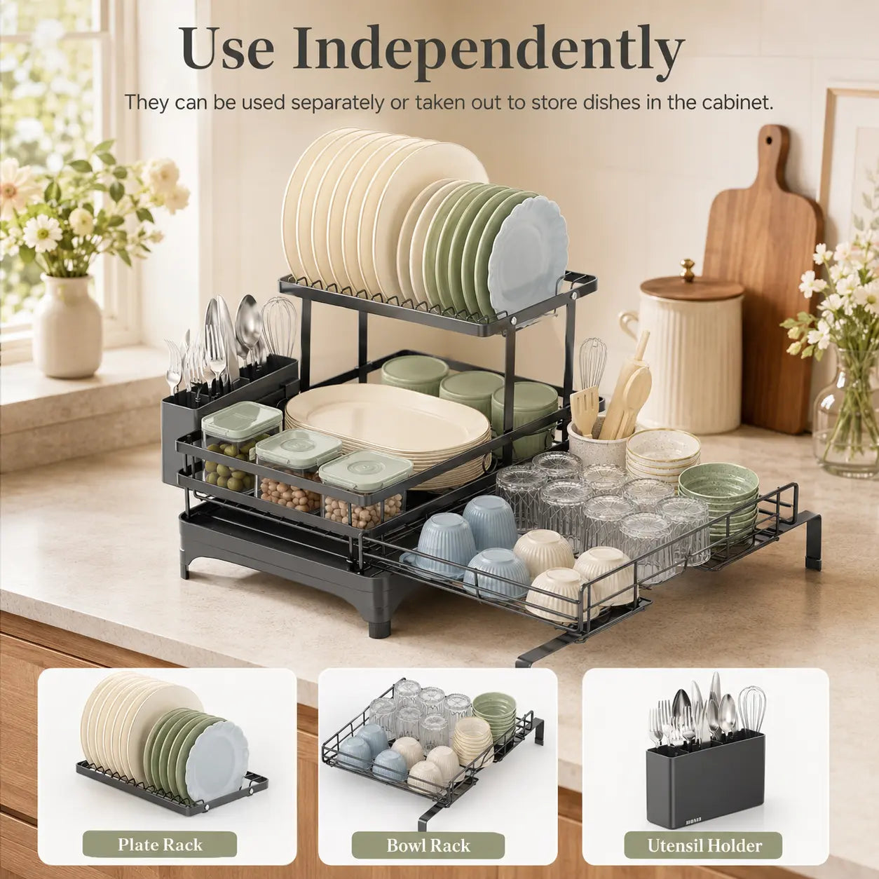 Foldable Over-Sink Dish Drying Rack - 2-Tier Dish Drainer with Utensil Holder for Space-Saving Kitchen Organization