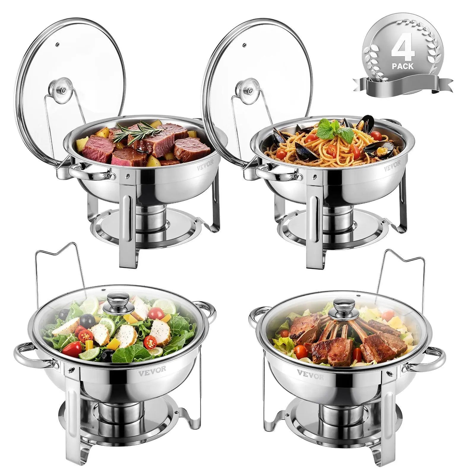 Vevor 5 Qt Chafing Dish Buffet Set - 4 Pack Stainless Steel Catering Warmer with Glass Lids, Full Size Pans, Water Pan, Folding Stand, and Fuel Holders for Weddings and Banquets