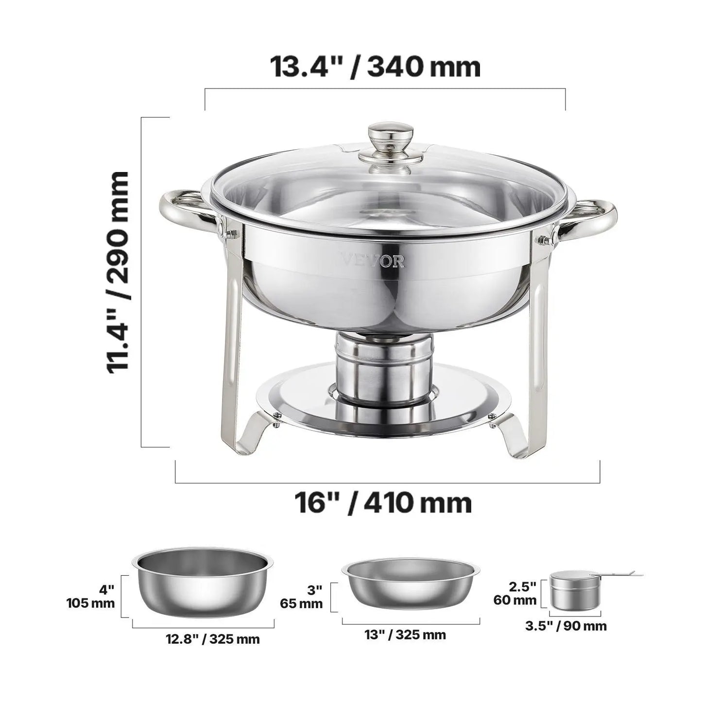 Vevor 5 Qt Chafing Dish Buffet Set - 4 Pack Stainless Steel Catering Warmer with Glass Lids, Full Size Pans, Water Pan, Folding Stand, and Fuel Holders for Weddings and Banquets