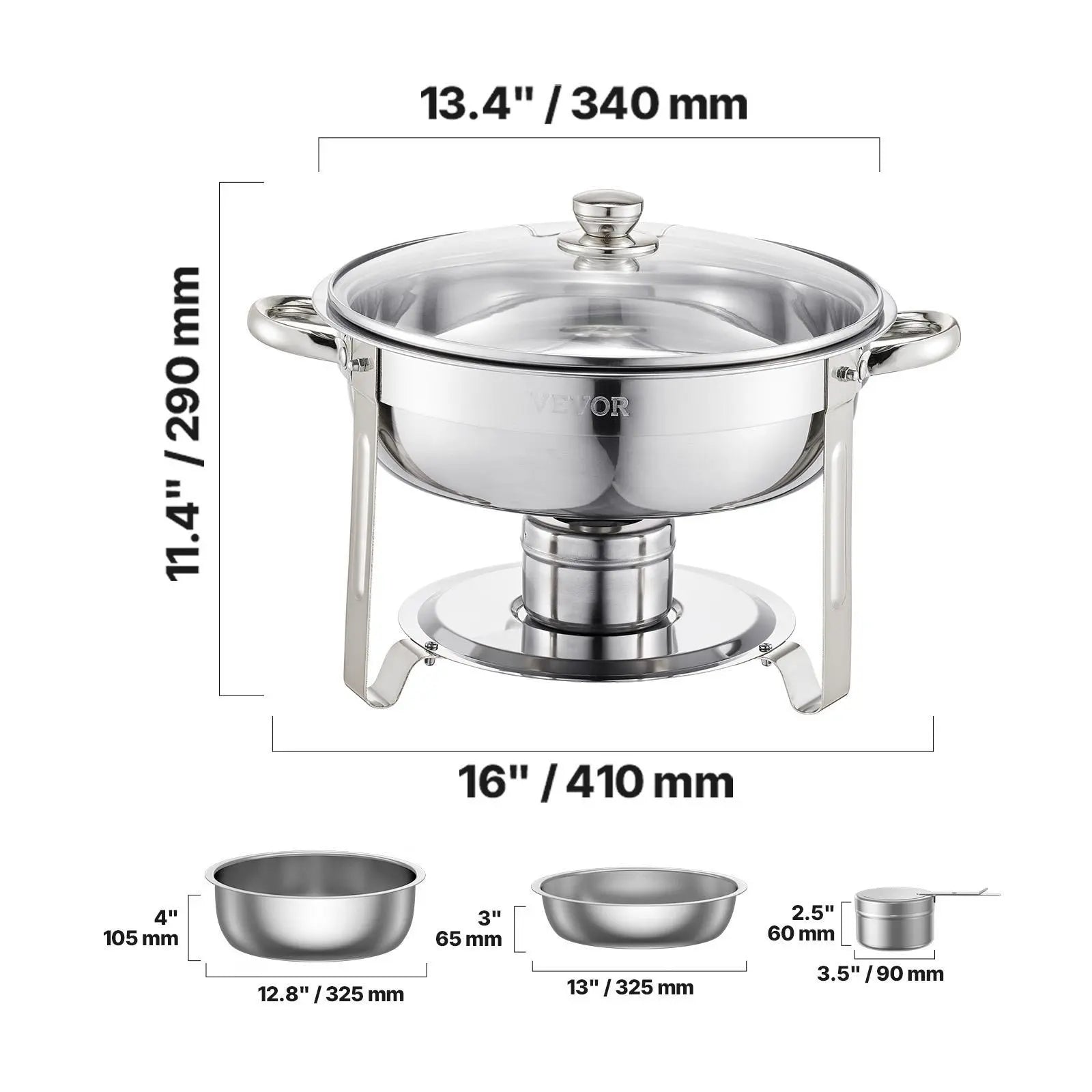 Vevor 5 Qt Chafing Dish Buffet Set - 4 Pack Stainless Steel Catering Warmer with Glass Lids, Full Size Pans, Water Pan, Folding Stand, and Fuel Holders for Weddings and Banquets