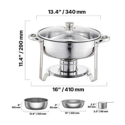 Vevor 5 Qt Chafing Dish Buffet Set - 4 Pack Stainless Steel Catering Warmer with Glass Lids, Full Size Pans, Water Pan, Folding Stand, and Fuel Holders for Weddings and Banquets